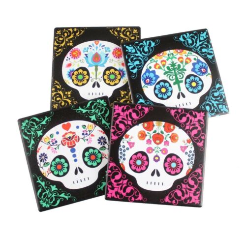 Ebros Gift Ebros Calavera Baby Sugar Skulls DOD Ceramic Coaster Set 4 Corked Tiles