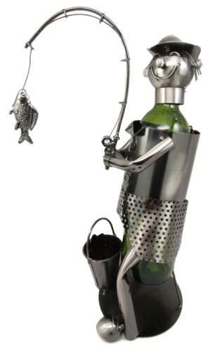 Ebros Gift Ebros Camper Fishing Fisherman Catching Fish Hand Made Metal Wine Bottle Holder