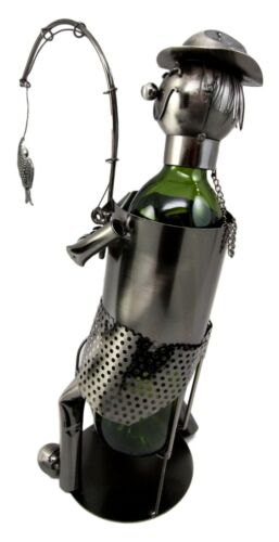 Ebros Gift Ebros Camper Fishing Fisherman Catching Fish Hand Made Metal Wine Bottle Holder