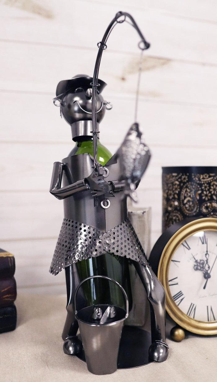 ebros gift Ebros Camper Fishing Fisherman Catching Fish Hand Made Metal Wine Bottle Holder