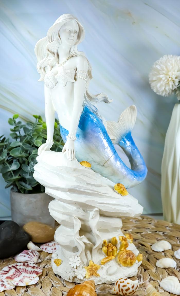 ebros gift Ebros Capiz Blue Ombre Tail Mermaid Leaning On Rock By Sea Coral Reef Statue