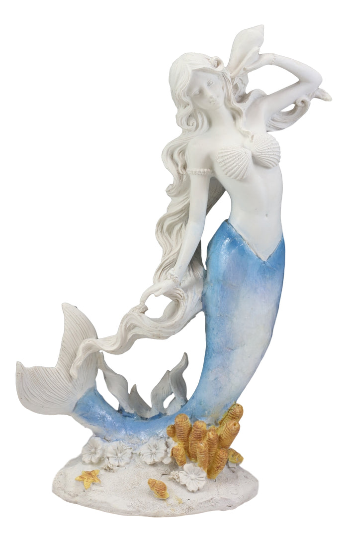 Ebros Gift Ebros Capiz Blue Ombre Tail Mermaid With Conch Shell By Sea Coral Reef Statue