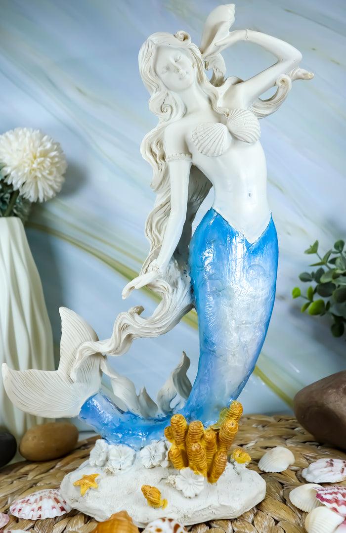 ebros gift Ebros Capiz Blue Ombre Tail Mermaid With Conch Shell By Sea Coral Reef Statue