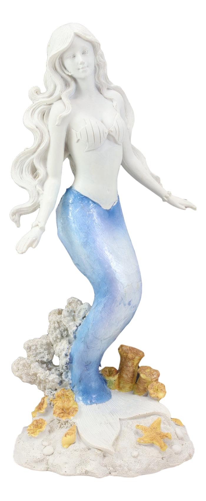 Ebros Gift Ebros Capiz Blue & White Ombre Tail Mermaid Standing By Sea Coral Reef Statue