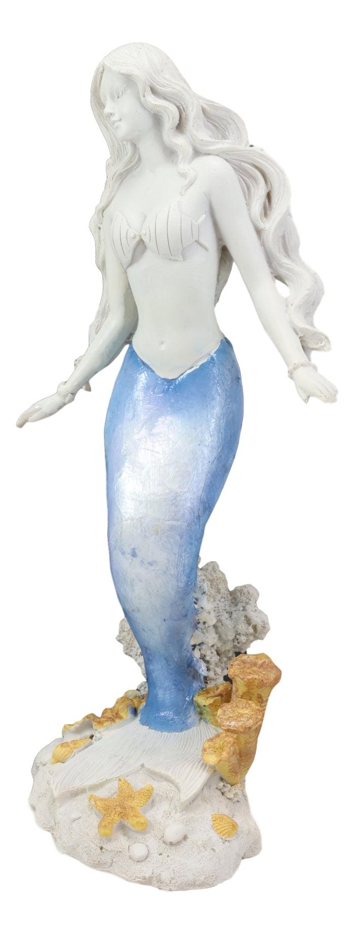 Ebros Gift Ebros Capiz Blue & White Ombre Tail Mermaid Standing By Sea Coral Reef Statue