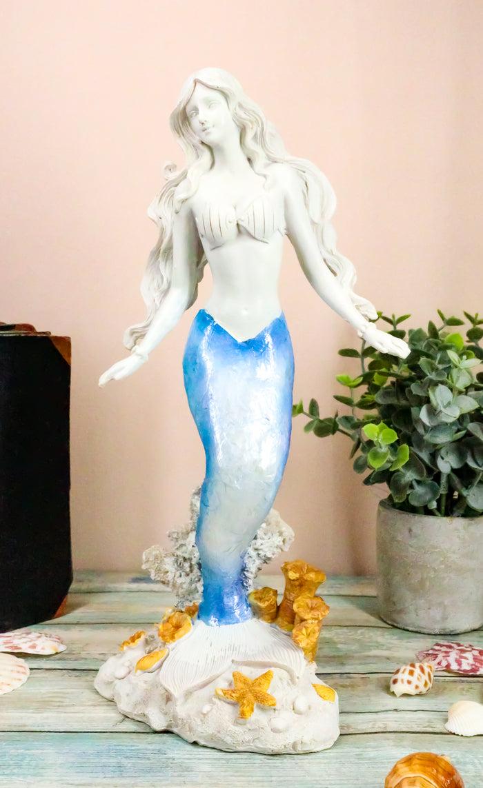 ebros gift Ebros Capiz Blue & White Ombre Tail Mermaid Standing By Sea Coral Reef Statue