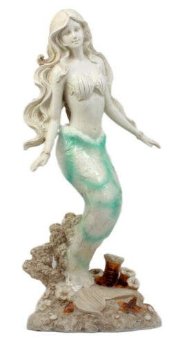 ebros gift Ebros Capiz Turquoise Standing Mermaid Figurine 11.5"H Ocean Aquamarine Coral Goddess