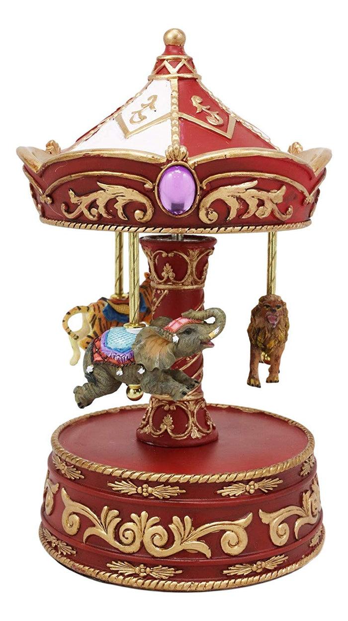 Ebros Gift Ebros Carnival Merry Go Round Circus Elephant Tiger And Lion Red Musical Carousel Statue Playing Toyland Tune 8.5" Tall Clockwork Mechanism Roundabout Fantasy Theme Park Ride Mini Decor Sculpture