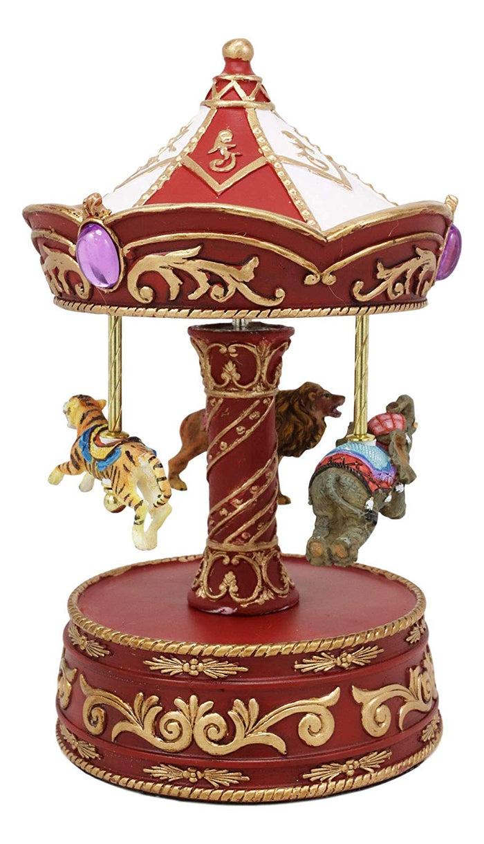 Ebros Gift Ebros Carnival Merry Go Round Circus Elephant Tiger And Lion Red Musical Carousel Statue Playing Toyland Tune 8.5" Tall Clockwork Mechanism Roundabout Fantasy Theme Park Ride Mini Decor Sculpture