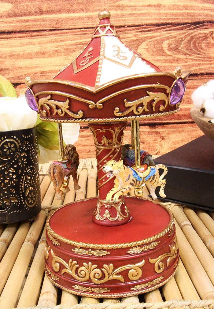 ebros gift Ebros Carnival Merry Go Round Circus Elephant Tiger and Lion Red Musical Carousel Statue Playing Toyland Tune 8.5" Tall Clockwork Mechanism Roundabout Fantasy Theme Park Ride Mini Decor Sculpture