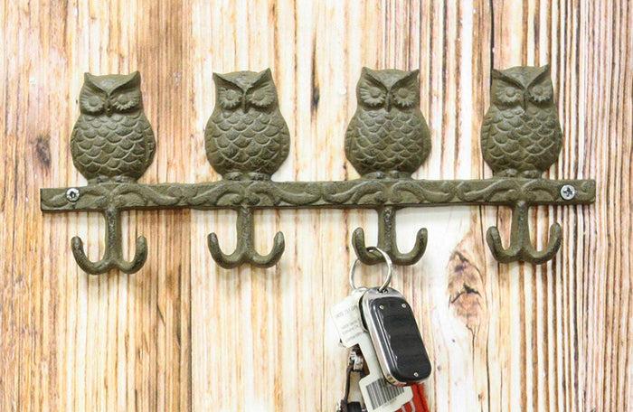 ebros gift Ebros Cast Iron Rustic Anchors of Wisdom Great Horned Owls Family 8 Pegs Wall Hooks 11.5" Wide Hanger Nocturnal Bird Owl Themed Wall Mount Leash Coat Hat Keys Hook Decor Hanging Sculpture Plaque