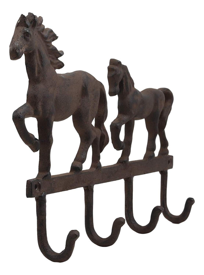 Ebros Gift Ebros Cast Iron Rustic Western Country Farm Horse With Foal Coat Key Hat Leash Backpack Wall Hanging Hooks 13" Wide 4 Peg Hook Decor Hangers Cowboy Decorative Organizer