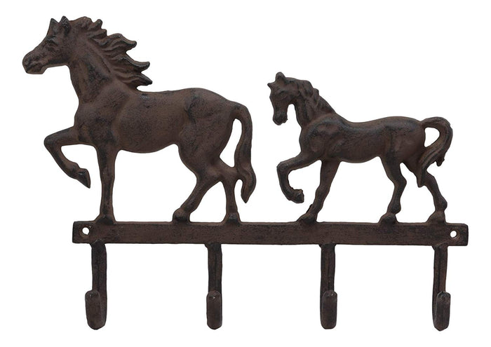 Ebros Gift Ebros Cast Iron Rustic Western Country Farm Horse With Foal Coat Key Hat Leash Backpack Wall Hanging Hooks 13" Wide 4 Peg Hook Decor Hangers Cowboy Decorative Organizer