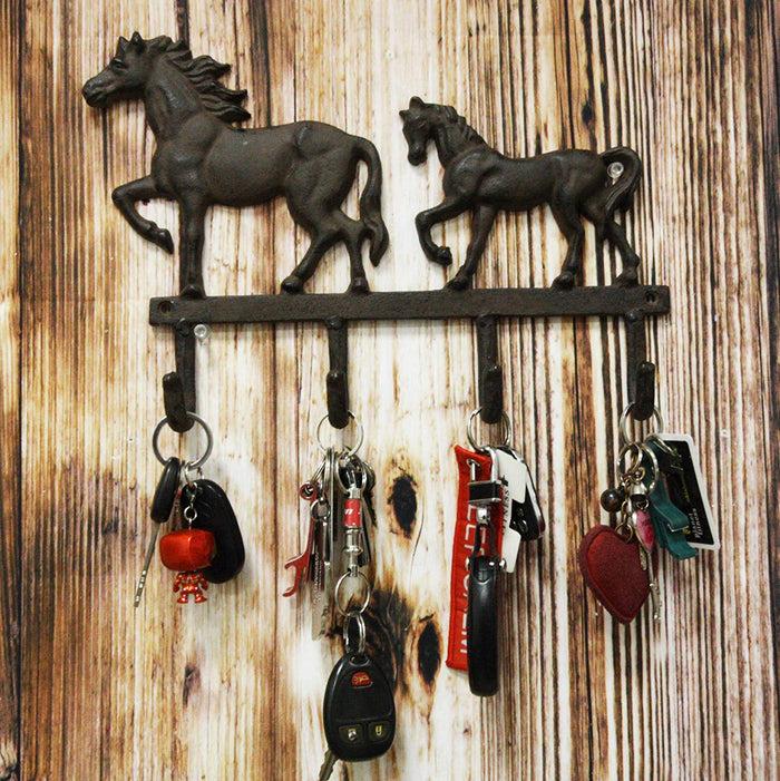 ebros gift Ebros Cast Iron Rustic Western Country Farm Horse With Foal Coat Key Hat Leash Backpack Wall Hanging Hooks 13" Wide 4 Peg Hook Decor Hangers Cowboy Decorative Organizer