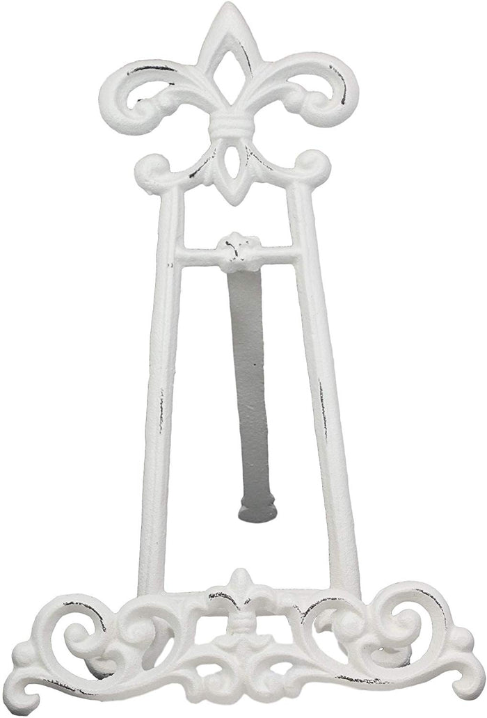 ebros gift Ebros Cast Iron Rustic White Fleur De Lis Crown Scroll Art Base Easel Photo Book Stand