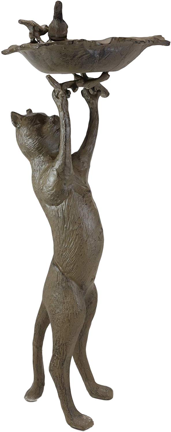 Ebros Gift Ebros Cast Iron Whimsical Curious Cat Hanging On Branch With 2 Birds In Nest Bird Feeder Or Bath Statue 24.75" Tall For Garden Patio Lawn Outdoors Decorative Accent Sculpture