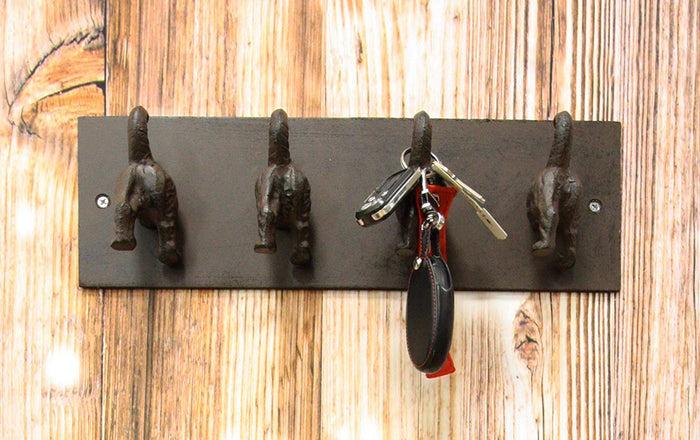 ebros gift Ebros Cast Iron Whimsical Rustic Wagging Dog Tails 4 Pegs Quad Wall Hooks 15.25" Wide Hanger Dogs Themed Wall Mount Leash Coat Hat Keys Hook Decor Hanging Sculpture Plaque
