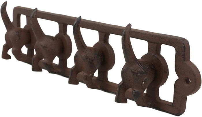Ebros Gift Ebros Cast Iron Whimsical Rustic Wagging Puppy Dog Tails 4 Pegs Quad Wall Hooks 13.75" Wide Hanger Dogs Themed Wall Mount Leash Coat Hat Keys Hook Decor Hanging Sculpture Plaque