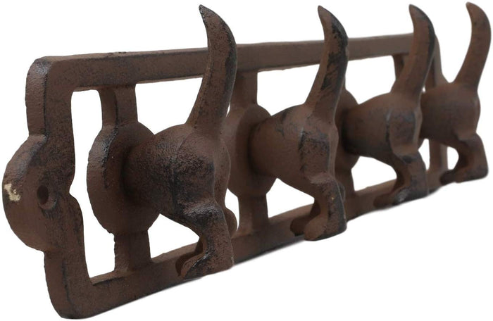 Ebros Gift Ebros Cast Iron Whimsical Rustic Wagging Puppy Dog Tails 4 Pegs Quad Wall Hooks 13.75" Wide Hanger Dogs Themed Wall Mount Leash Coat Hat Keys Hook Decor Hanging Sculpture Plaque