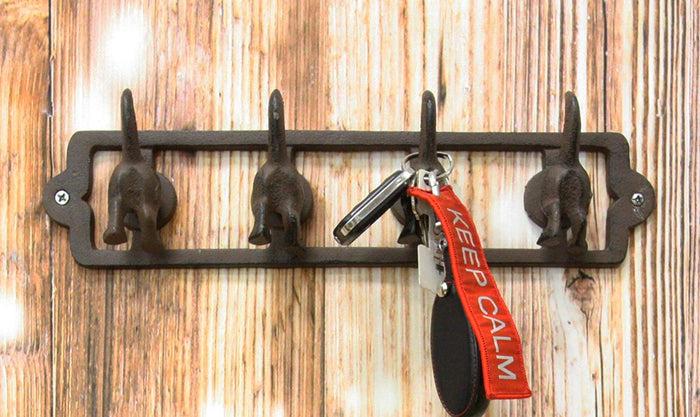 ebros gift Ebros Cast Iron Whimsical Rustic Wagging Puppy Dog Tails 4 Pegs Quad Wall Hooks 13.75" Wide Hanger Dogs Themed Wall Mount Leash Coat Hat Keys Hook Decor Hanging Sculpture Plaque