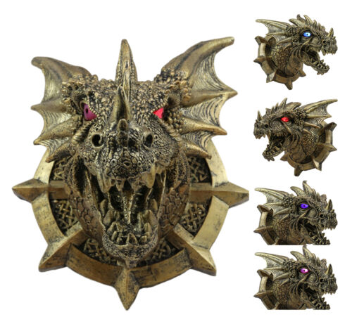 Ebros Gift Ebros Castle Dungeon Chained Golden Dragon Wall Plaque Decor Color Changing LED Eyes