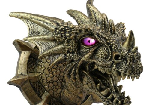 Ebros Gift Ebros Castle Dungeon Chained Golden Dragon Wall Plaque Decor Color Changing LED Eyes