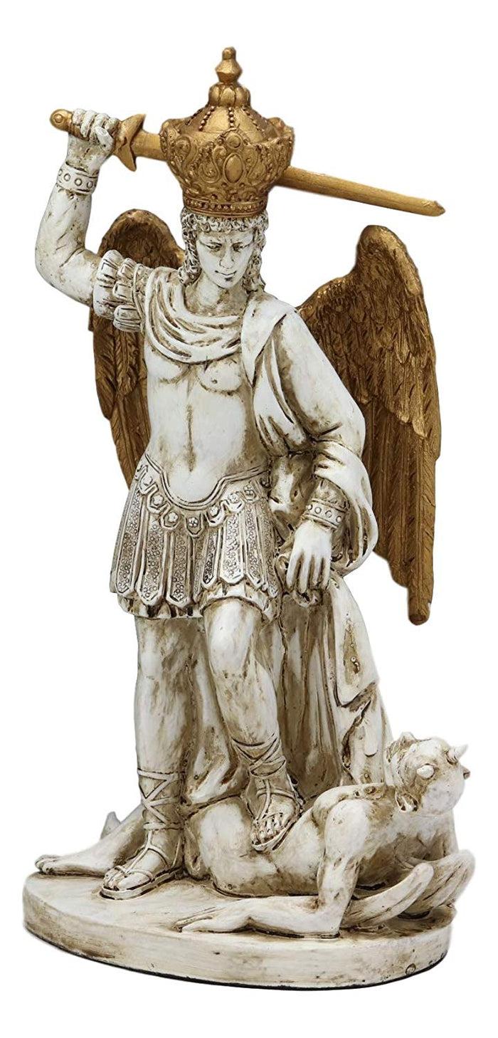 ebros gift Ebros Catholic Sanctuary of Monte Sant'Angelo sul Gargano Crowned Saint Michael The Archangel Trampling Lucifer Satan Statue Gothic Architecture Decorative Home Religious Altar Figurine