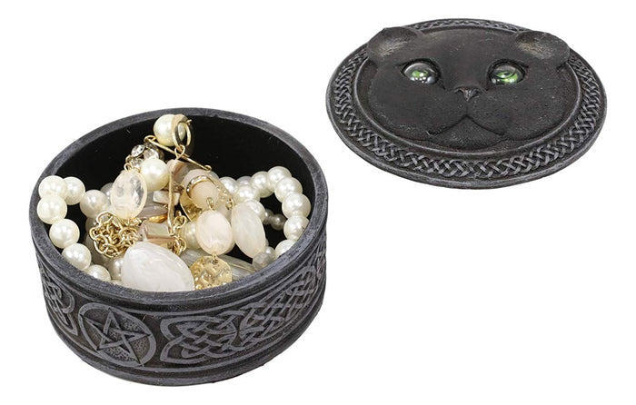 Ebros Gift Ebros Celtic Pentagram Knotwork Black Cat With Rolling Green Eyes Round Decorative Box