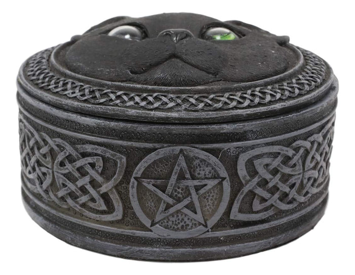 Ebros Gift Ebros Celtic Pentagram Knotwork Black Cat With Rolling Green Eyes Round Decorative Box