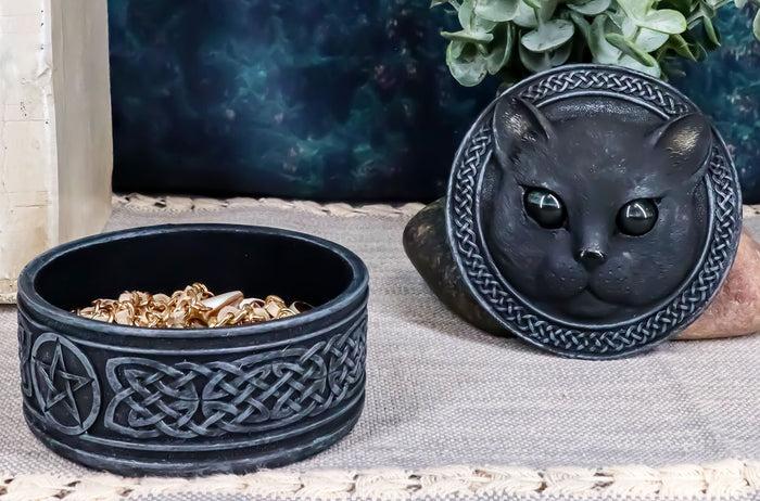 ebros gift Ebros Celtic Pentagram Knotwork Black Cat With Rolling Green Eyes Round Decorative Box