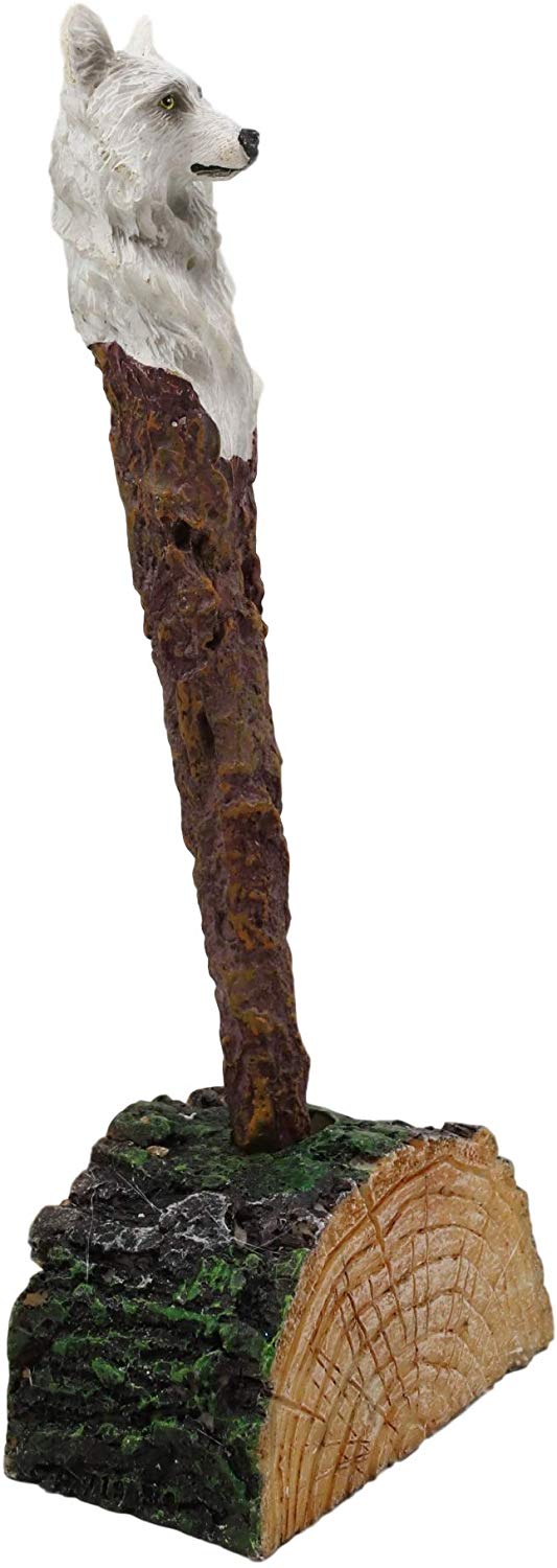 Ebros Gift Ebros Celtic White Direwolf Hand Painted Pen With Rustic Tree Bark Holder Stand
