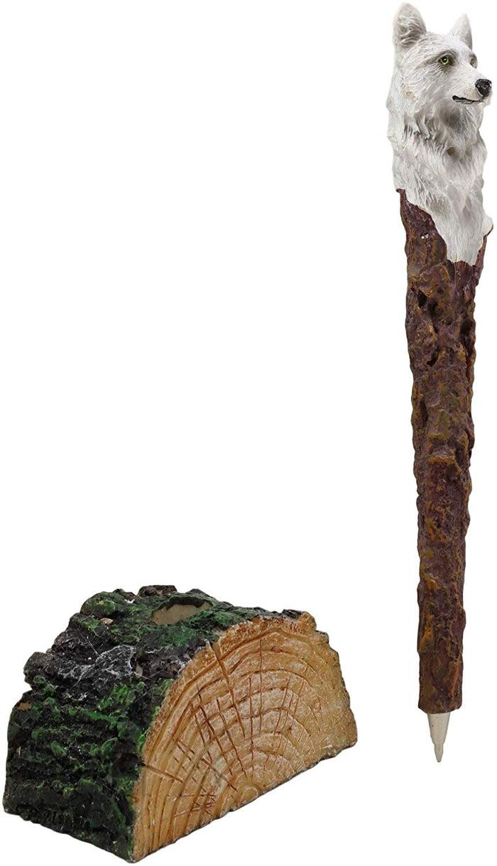 ebros gift Ebros Celtic White Direwolf Hand Painted Pen with Rustic Tree Bark Holder Stand