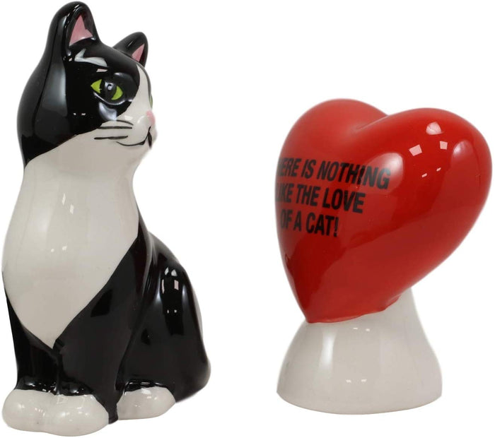 Ebros Gift Ebros Ceramic Cat With A Red Heart Love Salt And Pepper Shakers Magnetic 3.5"H