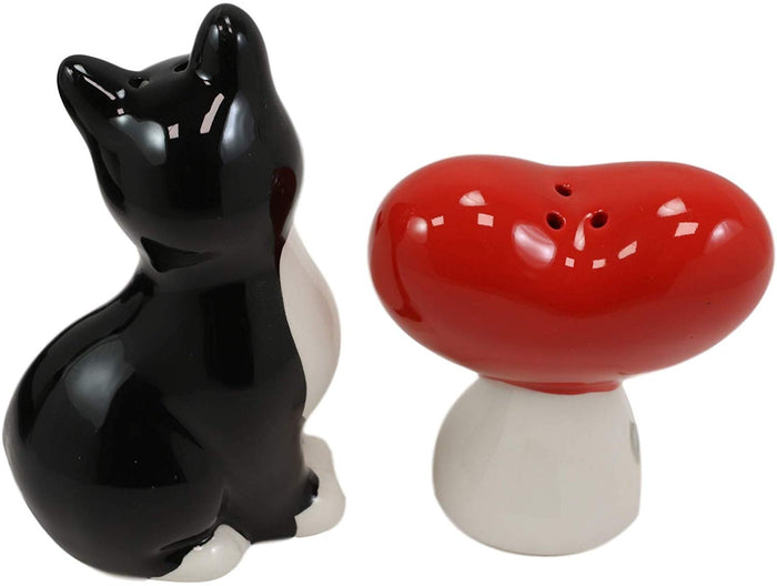 Ebros Gift Ebros Ceramic Cat With A Red Heart Love Salt And Pepper Shakers Magnetic 3.5"H