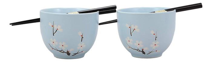 Ebros Gift Ebros Ceramic Japanese Sakura Ramen Udong Noodles Bowls And Chopsticks Set Of 2