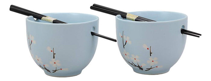 Ebros Gift Ebros Ceramic Japanese Sakura Ramen Udong Noodles Bowls And Chopsticks Set Of 2