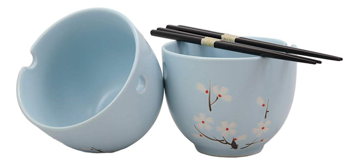 ebros gift Ebros Ceramic Japanese Sakura Ramen Udong Noodles Bowls and Chopsticks Set of 2