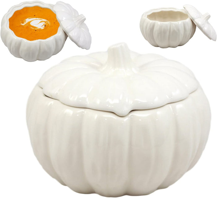 Ebros Gift Ebros Ceramic Stoneware White Harvest Pumpkin Bowl With Lid 6"Diameter X6 Pieces