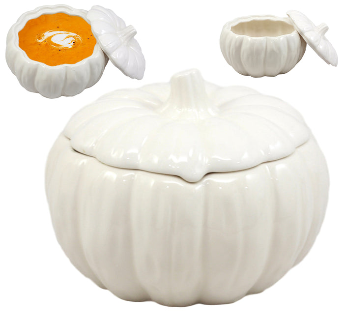 ebros gift Ebros Ceramic Stoneware White Harvest Pumpkin Bowl With Lid 6"Diameter X 1 PC