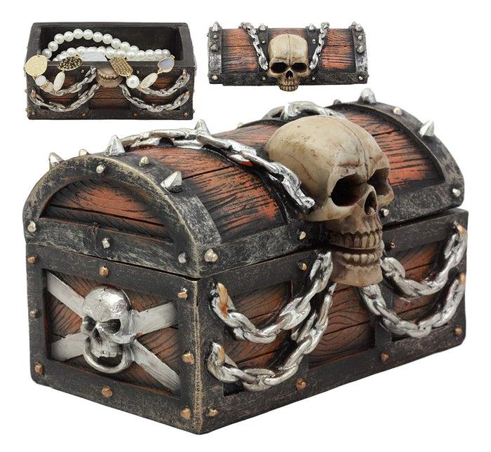 Ebros Gift Ebros Chained Skull On Pirate Treasure Chest Jewelry Trinket Box 6" Wide
