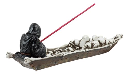 Ebros Gift Ebros Charon Grim Reaper Fishing On Boat Of Skulls Incense Burner Statue 11.5"L