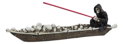 Ebros Gift Ebros Charon Grim Reaper Fishing On Boat Of Skulls Incense Burner Statue 11.5"L