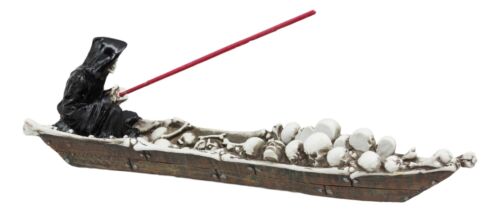 Ebros Gift Ebros Charon Grim Reaper Fishing On Boat Of Skulls Incense Burner Statue 11.5"L
