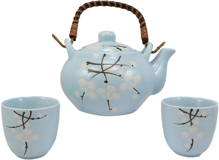 Ebros Gift Ebros Cherry Blossom Sakura Pastel Sky Blue Ceramic Tea Pot And Cups Set For 2