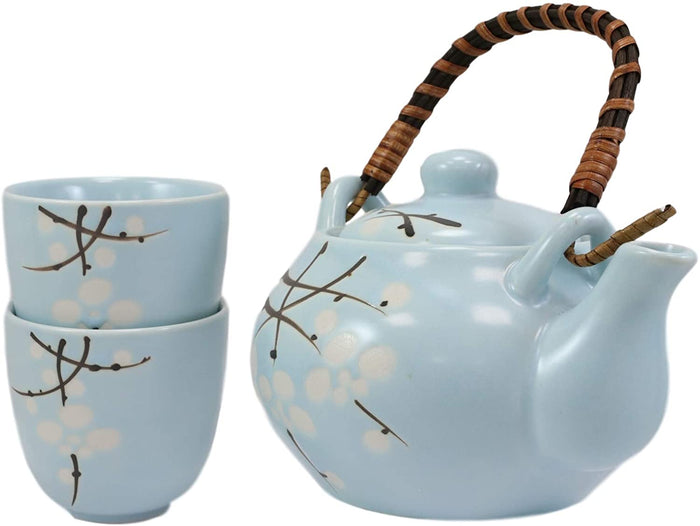 Ebros Gift Ebros Cherry Blossom Sakura Pastel Sky Blue Ceramic Tea Pot And Cups Set For 2