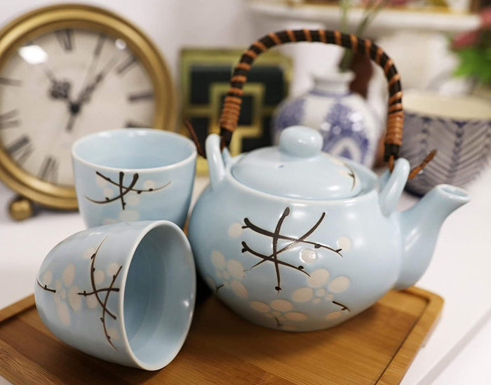 ebros gift Ebros Cherry Blossom Sakura Pastel Sky Blue Ceramic Tea Pot and Cups Set For 2