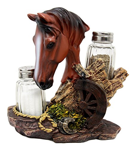Ebros Gift Ebros Chestnut Horse By Wagon Wheel Salt Pepper Shakers Holder Set 6.25" H