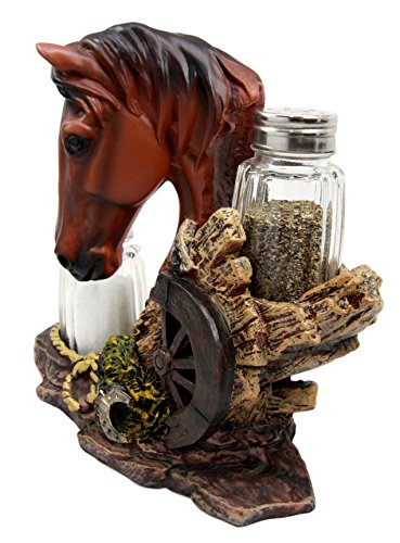 Ebros Gift Ebros Chestnut Horse By Wagon Wheel Salt Pepper Shakers Holder Set 6.25" H