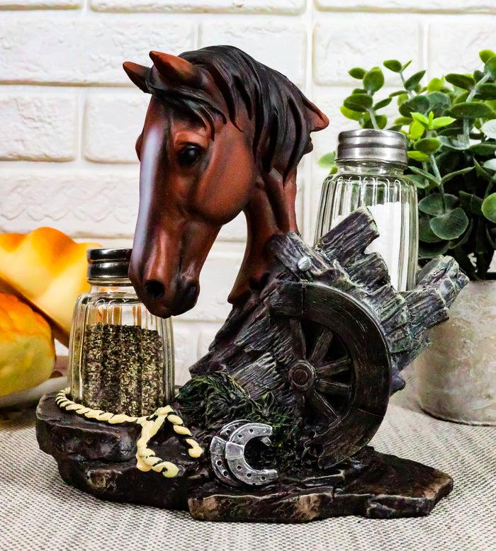 ebros gift Ebros Chestnut Horse by Wagon Wheel Salt Pepper Shakers Holder Set 6.25" H