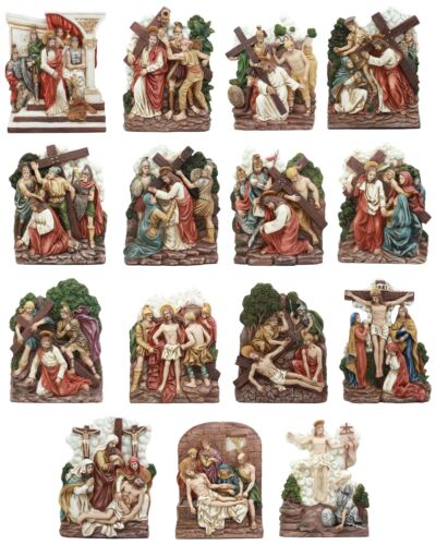 ebros gift Ebros Christian Catholic Stations of The Cross Statue Way of The Sorrows Via Crucis Jesus Christ Path to Calvary Crucifixion Decor Figurine (15 Stations of The Cross Set)